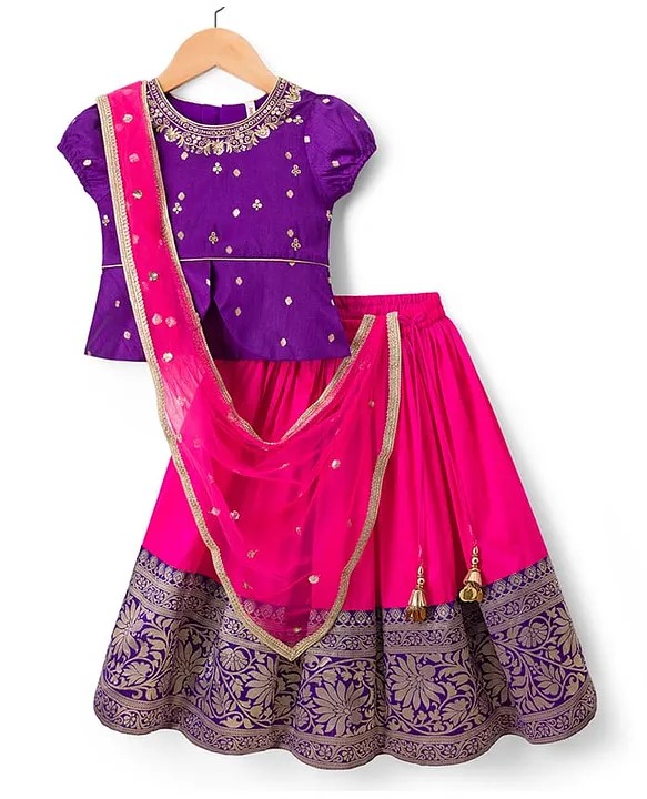 Babyhug Brocade Woven Half Puffed Sleeves Pattu Pavda Lehenga Set with Dupatta & Embroidery - Purple & Fuchsia